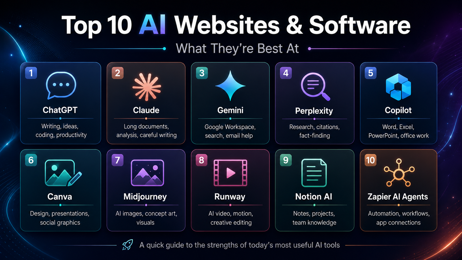 Top 10 AI Websites and Software Tools You Can Use in 2026 — And What They’re Best At